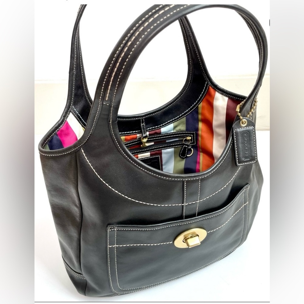 Coach Black Leather Shoulder Bag with Striped Interior and Matching Wallet
